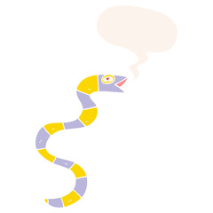 hissing cartoon snake and speech bubble in retro style