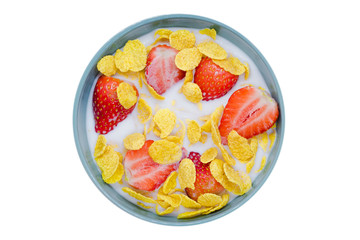 Plate of cornflakes with milk and strawberries on a white background top view, isolated