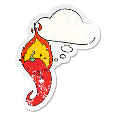 cartoon flaming hot chili pepper and thought bubble as a distressed worn sticker