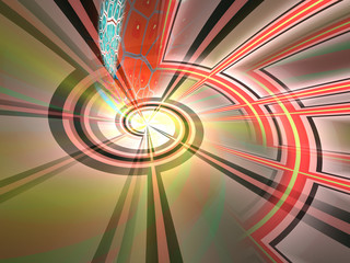 Abstract Red Spiral Background Image, Illustration - Infinite repeating spiral, color vortex. Recursive symmetrical patterns of colorful warped shapes, burst of brilliant light