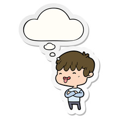 cartoon boy sticking out tongue and thought bubble as a printed sticker