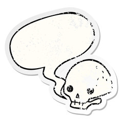 cartoon spooky skull and speech bubble distressed sticker
