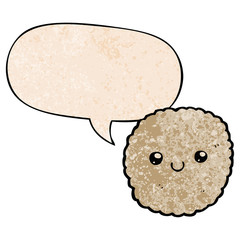 cartoon biscuit and speech bubble in retro texture style