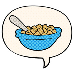 cartoon cereal bowl and speech bubble in comic book style