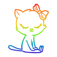 rainbow gradient line drawing cute cartoon cat with bow