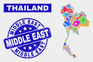 Mosaic service Thailand map and Middle East stamp. Thailand map collage designed with scattered colored tools, hands, industry icons. Blue round Middle East seal stamp with dirty texture.