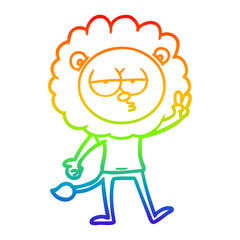 rainbow gradient line drawing cartoon bored lion waving