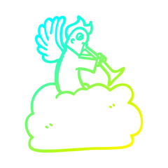 cold gradient line drawing cartoon angel on cloud with trumpet