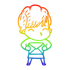 rainbow gradient line drawing cartoon woman thinking