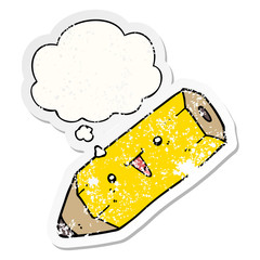 cute cartoon pencil and thought bubble as a distressed worn sticker