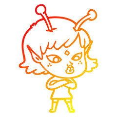 warm gradient line drawing pretty cartoon alien girl