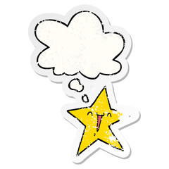 happy cartoon star and thought bubble as a distressed worn sticker