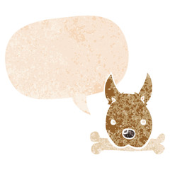 cartoon dog with bone and speech bubble in retro textured style
