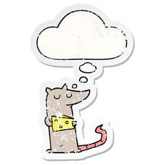 cartoon mouse with cheese and thought bubble as a distressed worn sticker