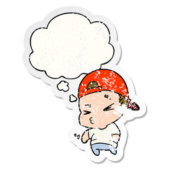 cartoon cool kid and thought bubble as a distressed worn sticker