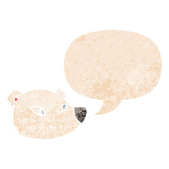 cartoon polar bear face and speech bubble in retro textured style