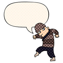 cartoon sneaking thief and speech bubble in comic book style