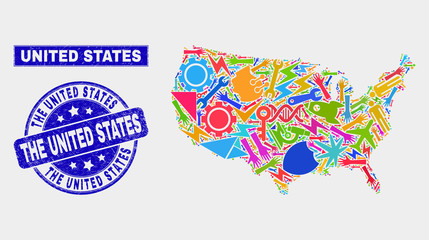 Mosaic tools United States map and The United States seal stamp. United States map collage constructed with random colored tools, hands, industrial elements.