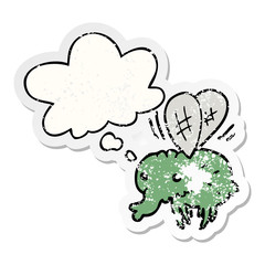 cartoon fly and thought bubble as a distressed worn sticker