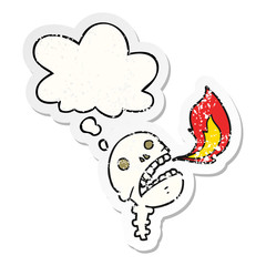 cartoon spooky halloween skull and thought bubble as a distressed worn sticker