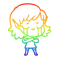 rainbow gradient line drawing cartoon crying elf girl