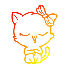 warm gradient line drawing cartoon cat with bow on head