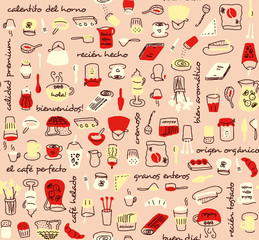 Coffee store elements with people and text in spanish seamless pattern in pink with yellow and red. Brunch and teatime hand drawn icons for backgrounds, textile, wrapping paper and wallpaper