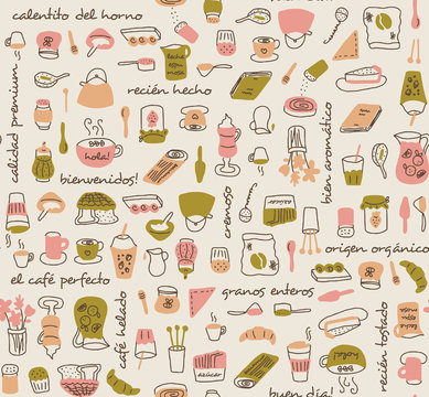 Coffee store elements with text in spanish seamless pattern in light warm vintage colors. Brunch and teatime hand drawn icons for backgrounds, textile, wrapping paper and wallpaper
