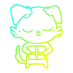 cold gradient line drawing cute cartoon dog with christmas present
