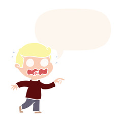 cartoon stressed out pointing and speech bubble in retro style
