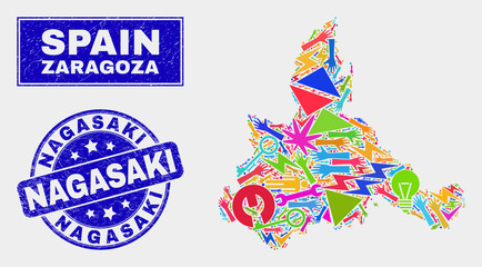 Mosaic tools Zaragoza Province map and Nagasaki seal. Zaragoza Province map collage created with random colorful tools, palms, industrial symbols. Blue rounded Nagasaki seal with dirty texture.