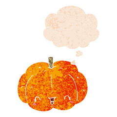 cartoon pumpkin and thought bubble in retro textured style