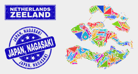 Mosaic industrial Zeeland Province map and Japan, Nagasaki stamp. Zeeland Province map collage constructed with randomized colorful equipment, palms, service symbols. Blue round Japan,