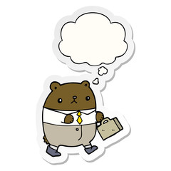 cartoon bear in work clothes and thought bubble as a printed sticker