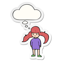 cartoon girl with long hair and thought bubble as a printed sticker