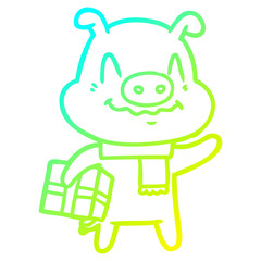 cold gradient line drawing nervous cartoon pig with present