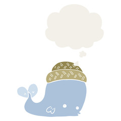 cartoon whale wearing hat and thought bubble in retro style
