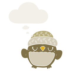 cute cartoon owl in hat and thought bubble in retro style