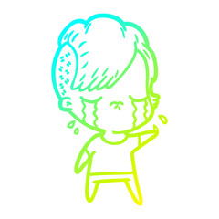 cold gradient line drawing cartoon crying girl