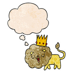 cartoon lion with crown and thought bubble in grunge texture pattern style