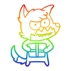 rainbow gradient line drawing cartoon grinning fox with present