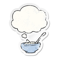 cartoon bowl of rice and thought bubble as a distressed worn sticker