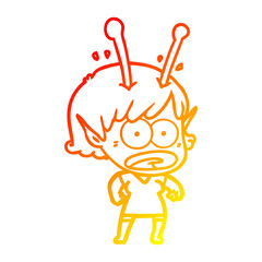 warm gradient line drawing cartoon shocked alien girl