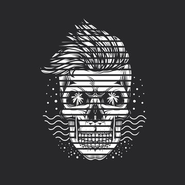 Monochrome vector illustration in abstract style. Hipster skull, sea and palm trees