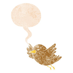 cartoon bird and speech bubble in retro textured style