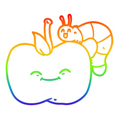 rainbow gradient line drawing cartoon apple and bug