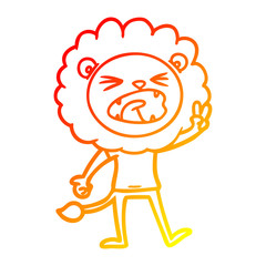 warm gradient line drawing cartoon lion giving peac sign