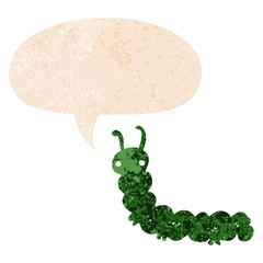 cartoon caterpillar and speech bubble in retro textured style