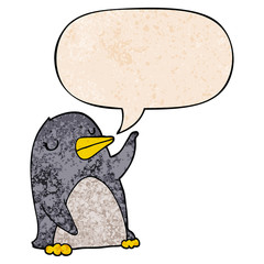 cartoon penguin and speech bubble in retro texture style
