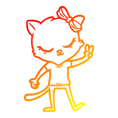 warm gradient line drawing cute cartoon cat with bow